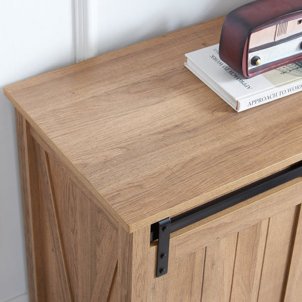 English Elm 5 Drawer Dresser with Sliding Barn Door — Farmhouse Modern MDF Chest with Metal Handle, Adjustable Shelves, Spacious Top Oak W2275P206614
