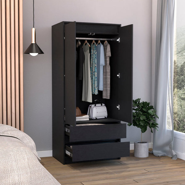 HomeRoots 71" Black Wood Combo Dresser - Stylish Two Door & Two Drawer Storage for Modern Bedrooms & Offices 520129