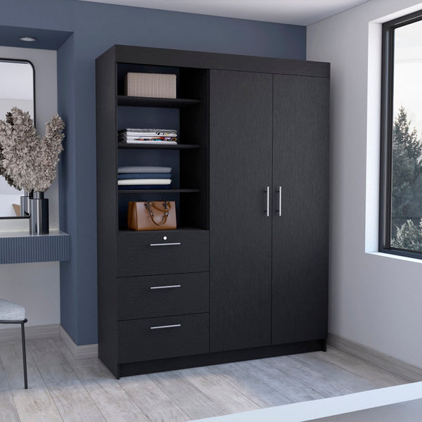HomeRoots 79" Black Wood Combo Dresser with Two Doors & Three Drawers for Stylish Bedroom Organization 520131