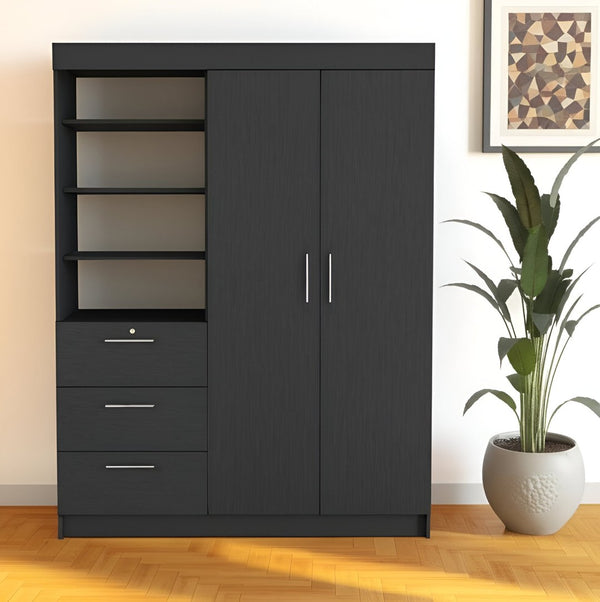 HomeRoots 79" Black Wood Combo Dresser with Two Doors & Three Drawers for Stylish Bedroom Organization 520131