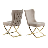 Homeroots Set Of Two Tufted Beige And Gold Upholstered Microfiber Dining Side Chairs  Metal And Wood 520132