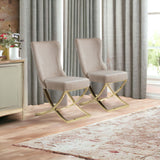 Homeroots Set Of Two Tufted Beige And Gold Upholstered Microfiber Dining Side Chairs  Metal And Wood 520132