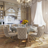 Homeroots Set Of Two Tufted Beige And Gold Upholstered Microfiber Dining Side Chairs  Metal And Wood 520132