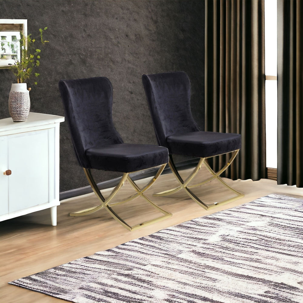 Homeroots Set Of Two Tufted Black And Gold Upholstered Microfiber Dining Side Chairs  Metal And Wood 520134