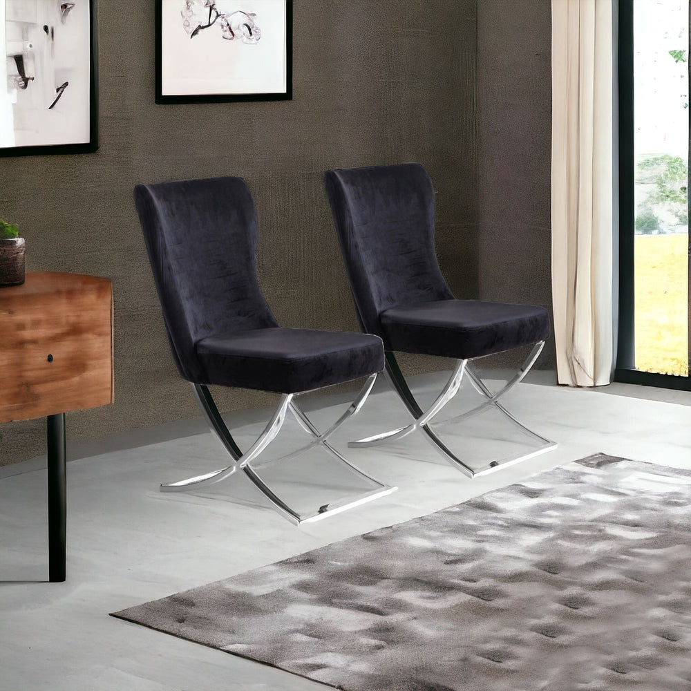 Homeroots Set Of Two Tufted Black And Silver Upholstered Microfiber Dining Side Chairs  Metal And Wood 520135