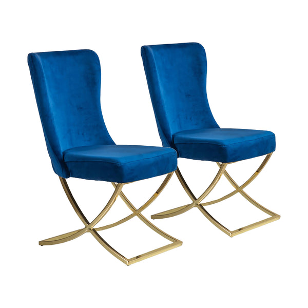 Homeroots Set Of Two Tufted Blue And Gold Upholstered Microfiber Dining Side Chairs  Metal And Wood 520136