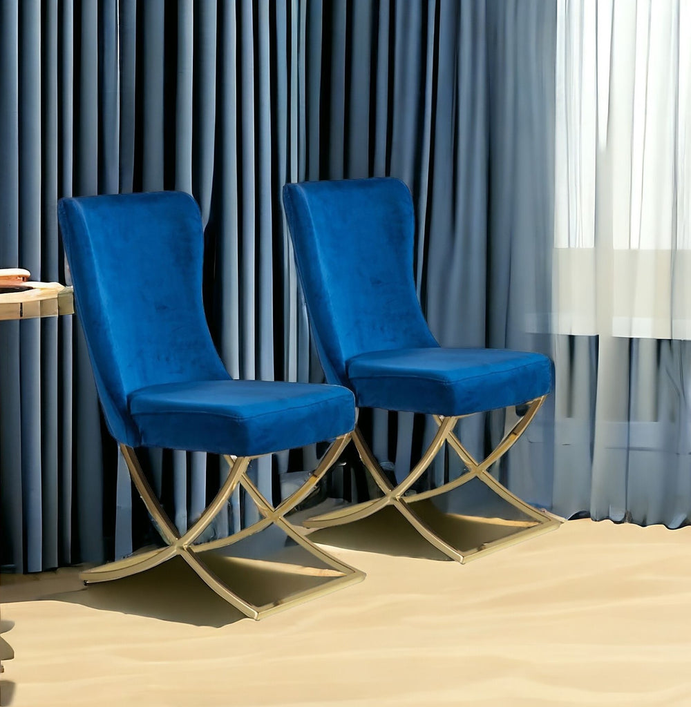 Homeroots Set Of Two Tufted Blue And Gold Upholstered Microfiber Dining Side Chairs  Metal And Wood 520136