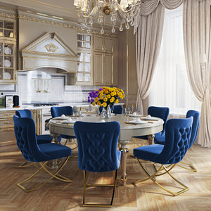 Homeroots Set Of Two Tufted Blue And Gold Upholstered Microfiber Dining Side Chairs  Metal And Wood 520136