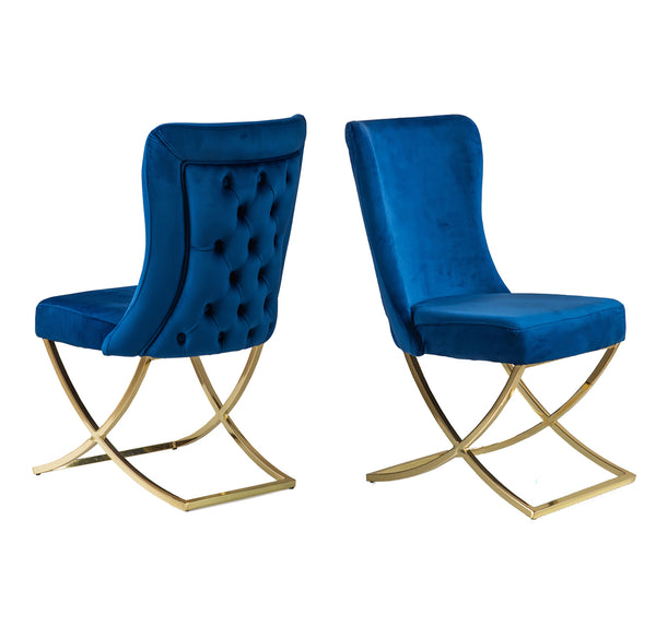 Homeroots Set Of Two Tufted Blue And Gold Upholstered Microfiber Dining Side Chairs  Metal And Wood 520136