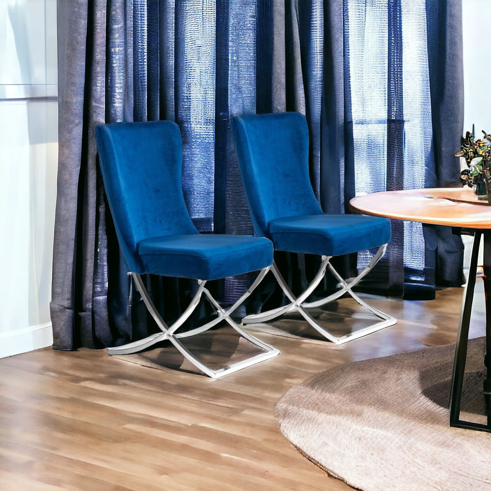 Homeroots Set Of Two Tufted Blue And Silver Upholstered Microfiber Dining Side Chairs  Metal And Wood 520137