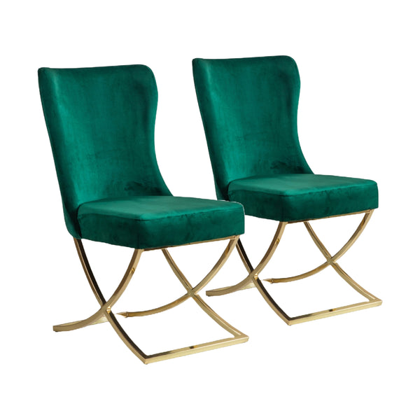 Homeroots Set Of Two Tufted Green And Gold Upholstered Microfiber Dining Side Chairs  Metal And Wood 520138