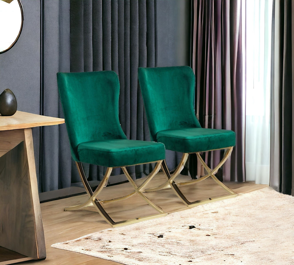 Homeroots Set Of Two Tufted Green And Gold Upholstered Microfiber Dining Side Chairs  Metal And Wood 520138