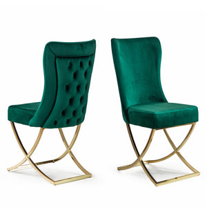 Homeroots Set Of Two Tufted Green And Gold Upholstered Microfiber Dining Side Chairs  Metal And Wood 520138