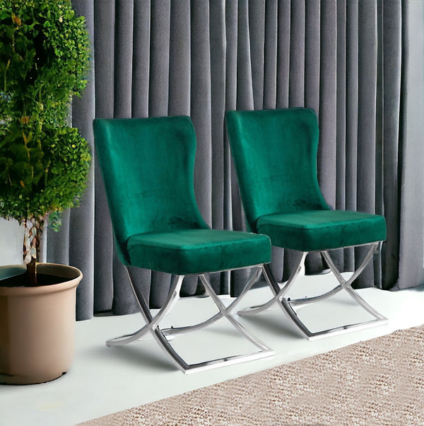Homeroots Set Of Two Tufted Green And Silver Upholstered Microfiber Dining Side Chairs  Metal And Wood 520139
