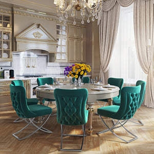 Homeroots Set Of Two Tufted Green And Silver Upholstered Microfiber Dining Side Chairs  Metal And Wood 520139