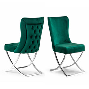 Homeroots Set Of Two Tufted Green And Silver Upholstered Microfiber Dining Side Chairs  Metal And Wood 520139