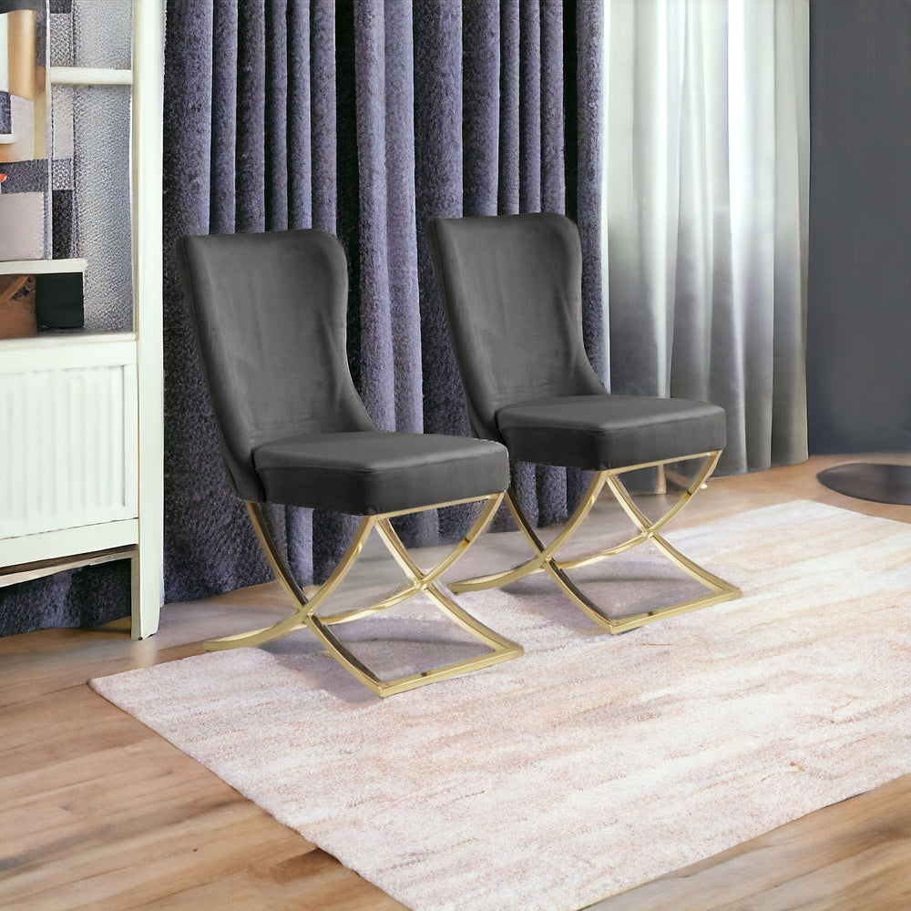 Homeroots Set Of Two Tufted Gray And Gold Upholstered Microfiber Dining Side Chairs  Metal And Wood 520140