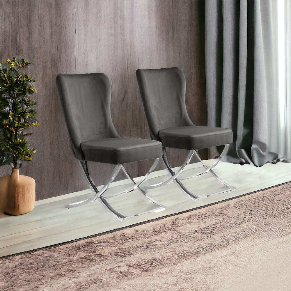 Homeroots Set Of Two Tufted Gray And Silver Upholstered Microfiber Dining Side Chairs  Metal And Wood 520141