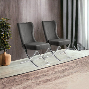 Homeroots Set Of Two Tufted Gray And Silver Upholstered Microfiber Dining Side Chairs  Metal And Wood 520141