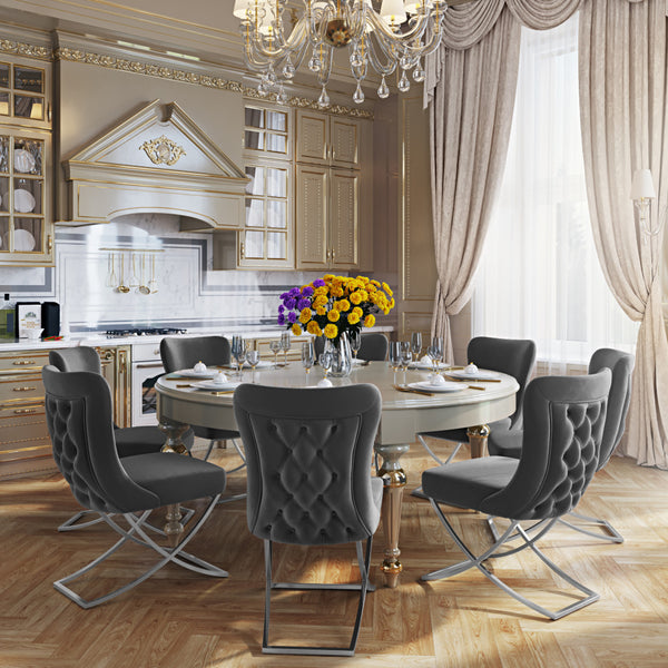 Homeroots Set Of Two Tufted Gray And Silver Upholstered Microfiber Dining Side Chairs  Metal And Wood 520141