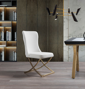 Homeroots Set Of Two Tufted White And Gold Upholstered Faux Leather Dining Chairs  Metal And Wood 520142