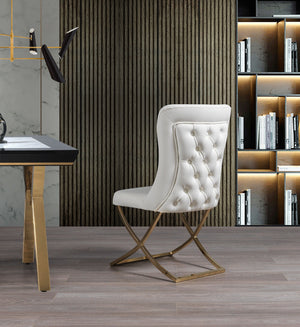 Homeroots Set Of Two Tufted White And Gold Upholstered Faux Leather Dining Chairs  Metal And Wood 520142