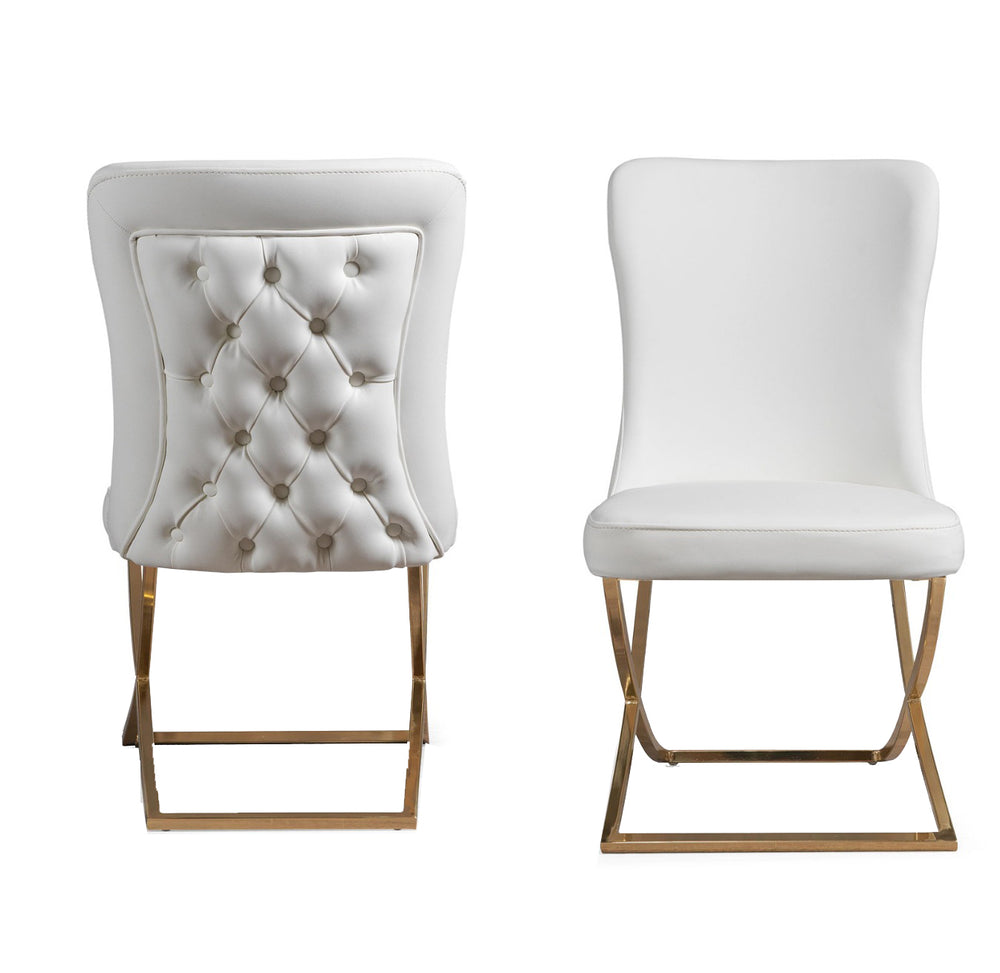 Homeroots Set Of Two Tufted White And Gold Upholstered Faux Leather Dining Chairs  Metal And Wood 520142