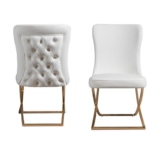 Homeroots Set Of Two Tufted White And Gold Upholstered Faux Leather Dining Chairs  Metal And Wood 520142