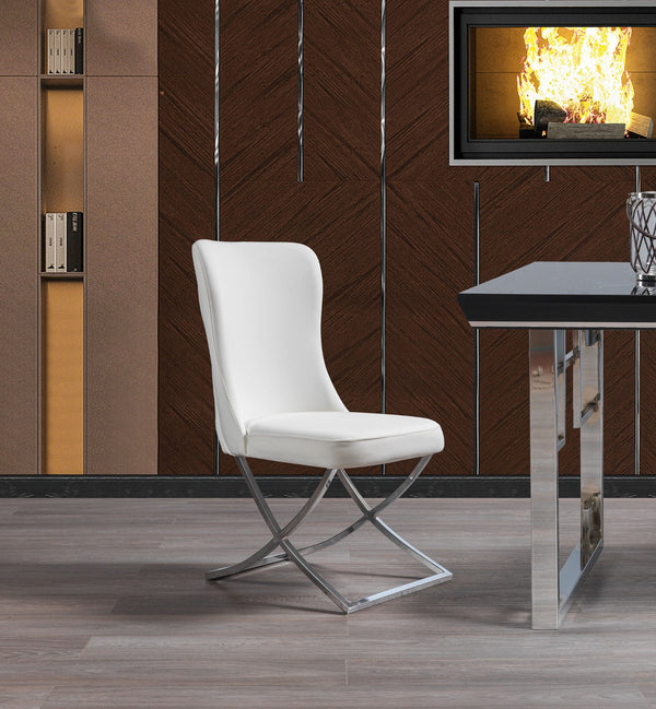 Homeroots Set Of Two Tufted White And Chrome Upholstered Faux Leather Dining Chairs  Metal And Wood 520143