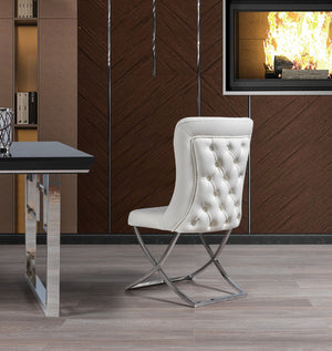 Homeroots Set Of Two Tufted White And Chrome Upholstered Faux Leather Dining Chairs  Metal And Wood 520143