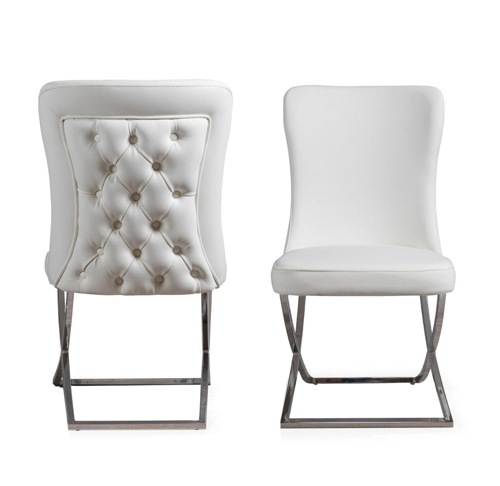 Homeroots Set Of Two Tufted White And Chrome Upholstered Faux Leather Dining Chairs  Metal And Wood 520143