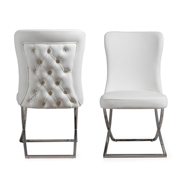 Homeroots Set Of Two Tufted White And Chrome Upholstered Faux Leather Dining Chairs  Metal And Wood 520143
