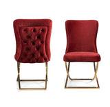 Set of Two Tufted Burgundy Microfiber Dining Chairs with Elegant Gold Accents for Stylish Comfort