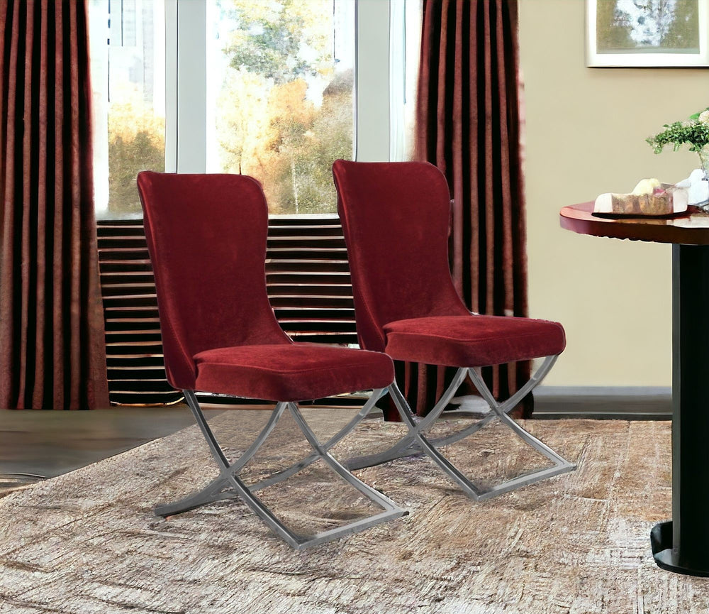 Homeroots Set Of Two Tufted Burgundy And Silver Upholstered Microfiber Dining Side Chairs  Metal And Wood 520145