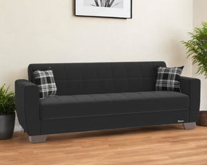 Homeroots 84" Black Chenille Sleeper Sleeper Sofa And Toss Pillows With Brown Legs   520154