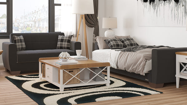 Homeroots 84" Black Chenille Sleeper Sleeper Sofa And Toss Pillows With Brown Legs   520154