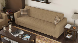 Homeroots 84" Beige Chenille Sleeper Sleeper Sofa And Toss Pillows With Brown Legs   520155