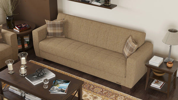 Homeroots 84" Beige Chenille Sleeper Sleeper Sofa And Toss Pillows With Brown Legs   520155