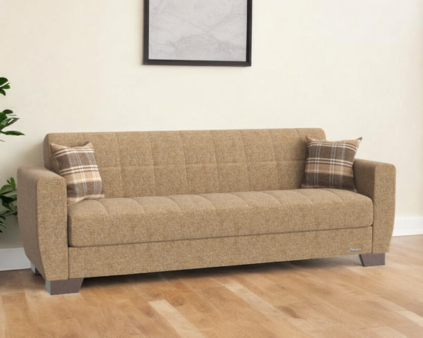 Homeroots 84" Beige Chenille Sleeper Sleeper Sofa And Toss Pillows With Brown Legs   520155