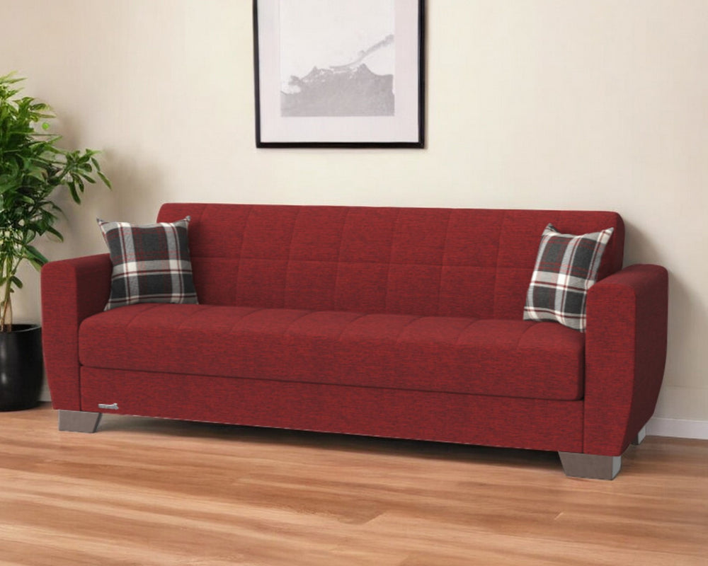 Homeroots 84" Burgundy Chenille Sleeper Sleeper Sofa And Toss Pillows With Brown Legs   520156