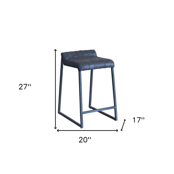 HomeRoots 25" Gray Iron Counter-Height Bar Chair with Genuine Leather Patchwork Seat for Modern Spaces 520158