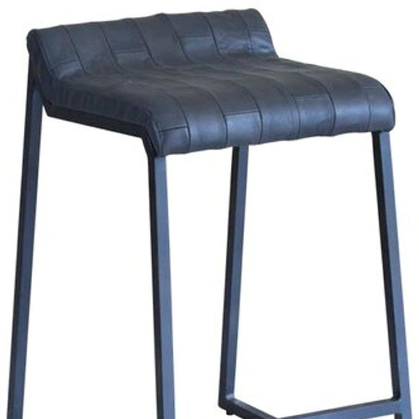 HomeRoots 25" Gray Iron Counter-Height Bar Chair with Genuine Leather Patchwork Seat for Modern Spaces 520158