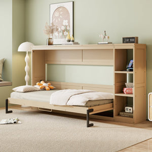 English Elm Twin Space-Saving Murphy Bed with Bookshelf and Fold-Down Desk, LVL/MDF, Compact Modern Design Natural GX002221AAN