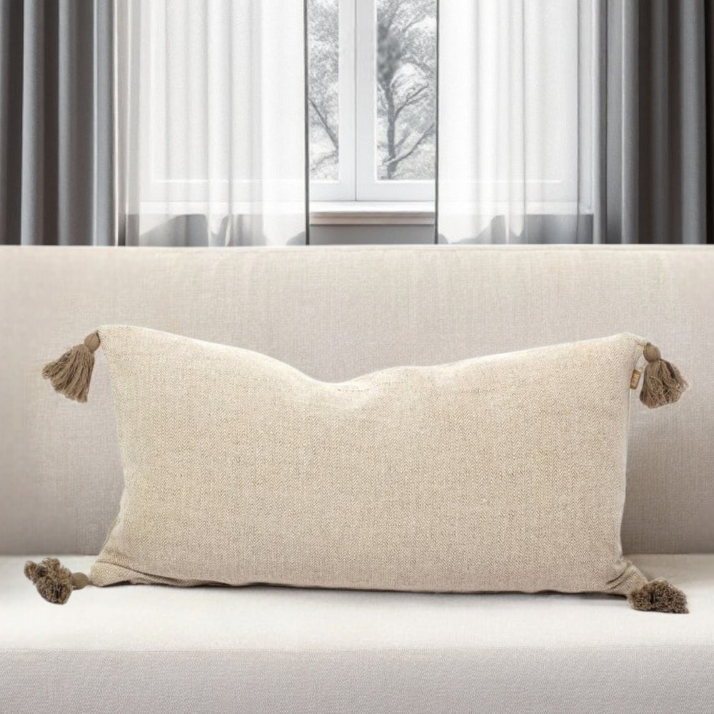 Homeroots Set Of Two 16" X 35" Taupe Herringbone Cotton Throw Pillow With Tassels   520267