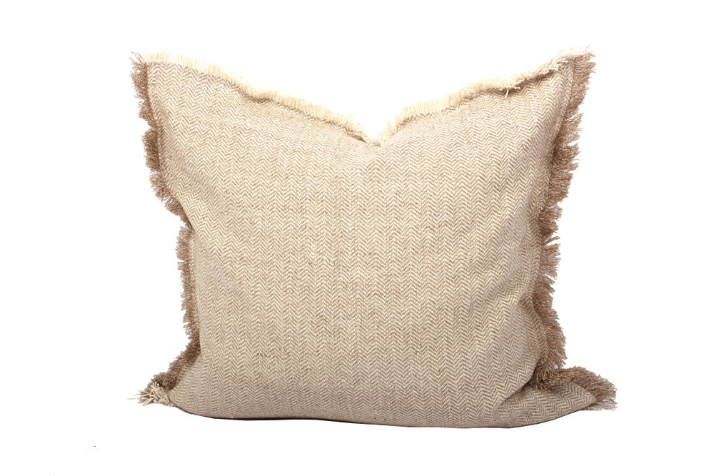 Homeroots Set Of Two 24" Taupe Herringbone Cotton Throw Pillow With Fringe   520269
