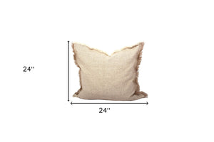 Homeroots Set Of Two 24" Taupe Herringbone Cotton Throw Pillow With Fringe   520269