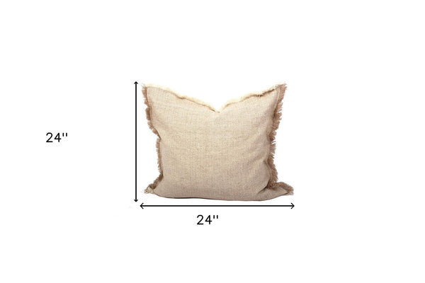 Homeroots Set Of Two 24" Taupe Herringbone Cotton Throw Pillow With Fringe   520269