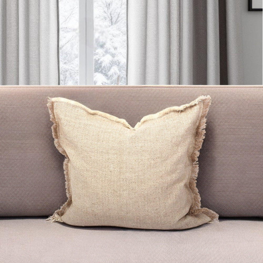 Homeroots Set Of Two 24" Taupe Herringbone Cotton Throw Pillow With Fringe   520269