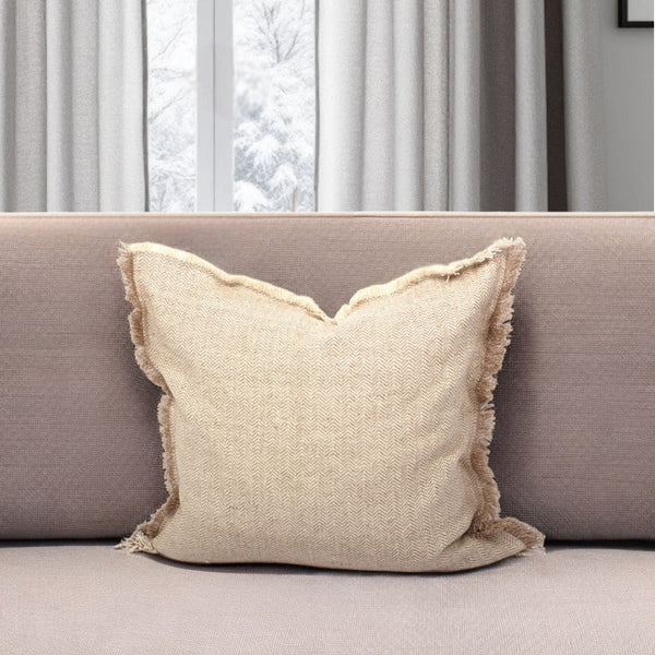 Homeroots Set Of Two 24" Taupe Herringbone Cotton Throw Pillow With Fringe   520269