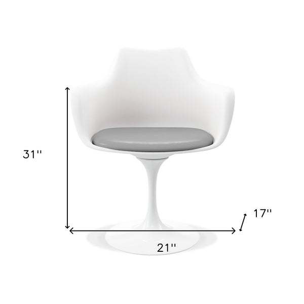 Homeroots White Heavy Duty Plastic Swivel Dining Arm Chair With Gray Faux Leather Cushion   520276